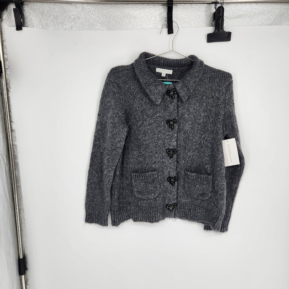 Design History Dark Grey Medium Petite Betty Collared Cardigan NWT